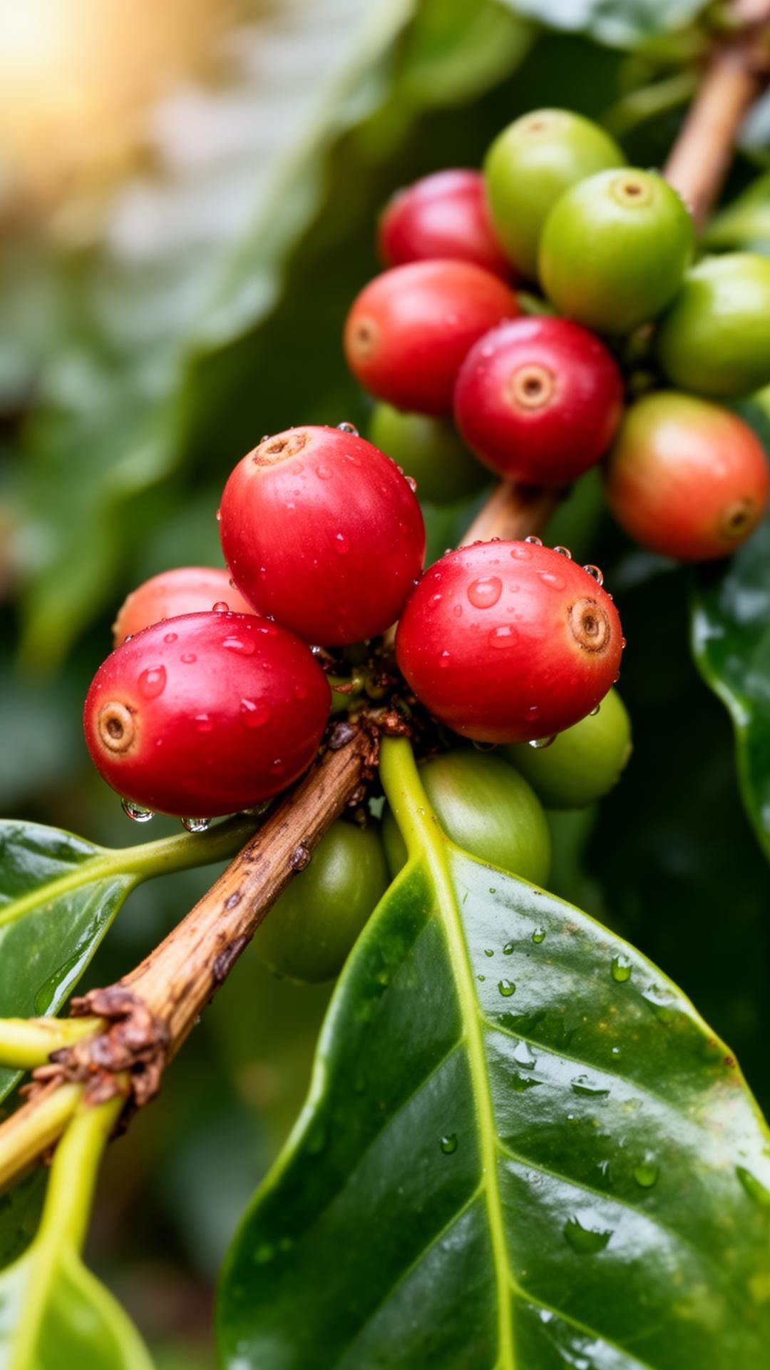 Frutos de café com gotas de água