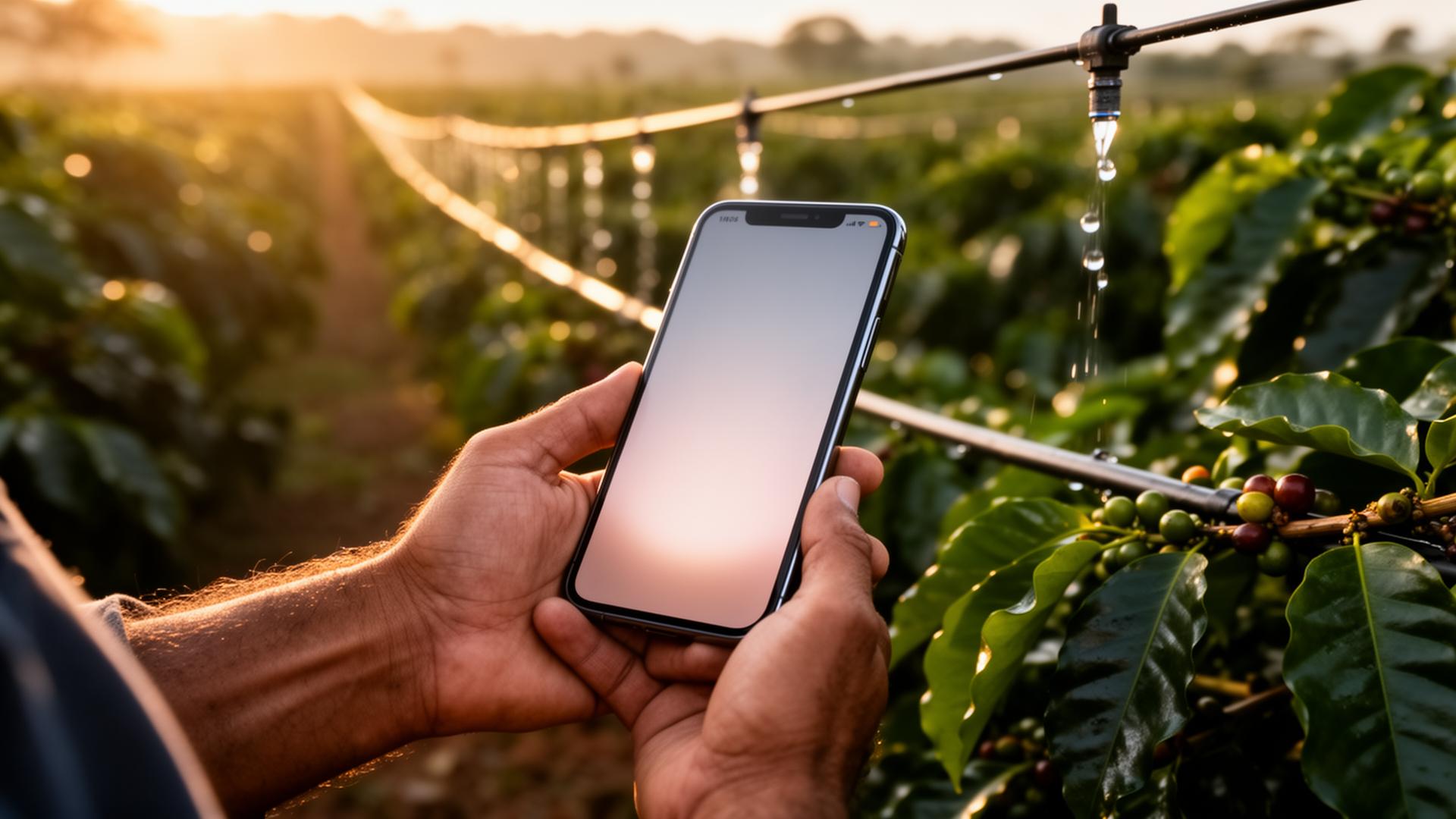Cafeicultor consultando recomendações de irrigação no celular